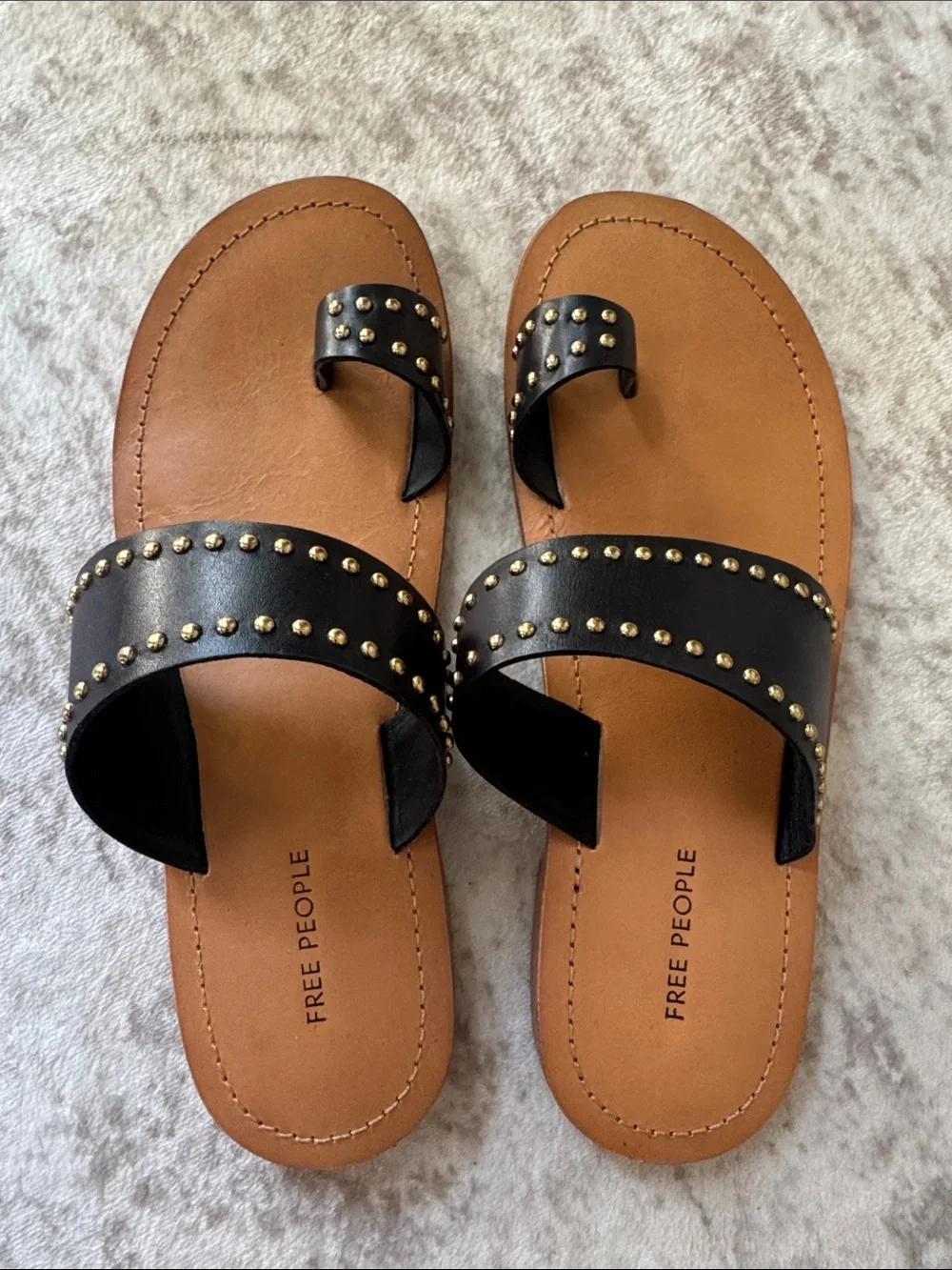 Free People Black Leather Studded Toe-Loop Sandals with Tan Footbed